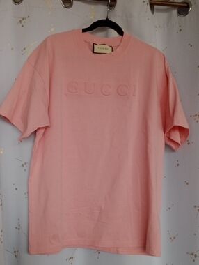 Gucci Pink Embossed Logo Short Sleeve Tee